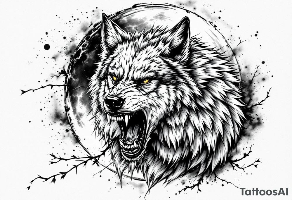 Realistic wolf head snarling with moon background tattoo idea