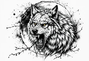 Realistic wolf head snarling with moon background tattoo idea