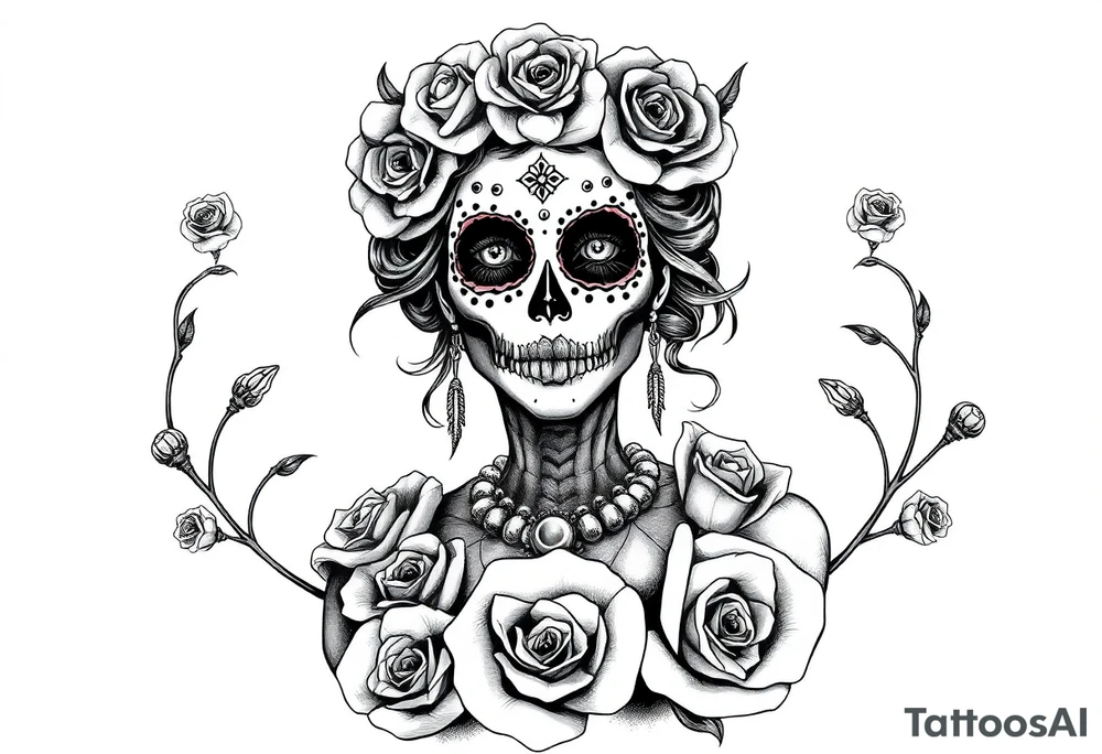 Powerful evil beautiful day of the dead female,  surrounded by unclaimed souls and roses tattoo idea