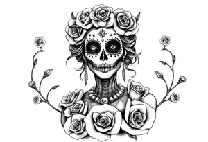Powerful evil beautiful day of the dead female,  surrounded by unclaimed souls and roses tattoo idea