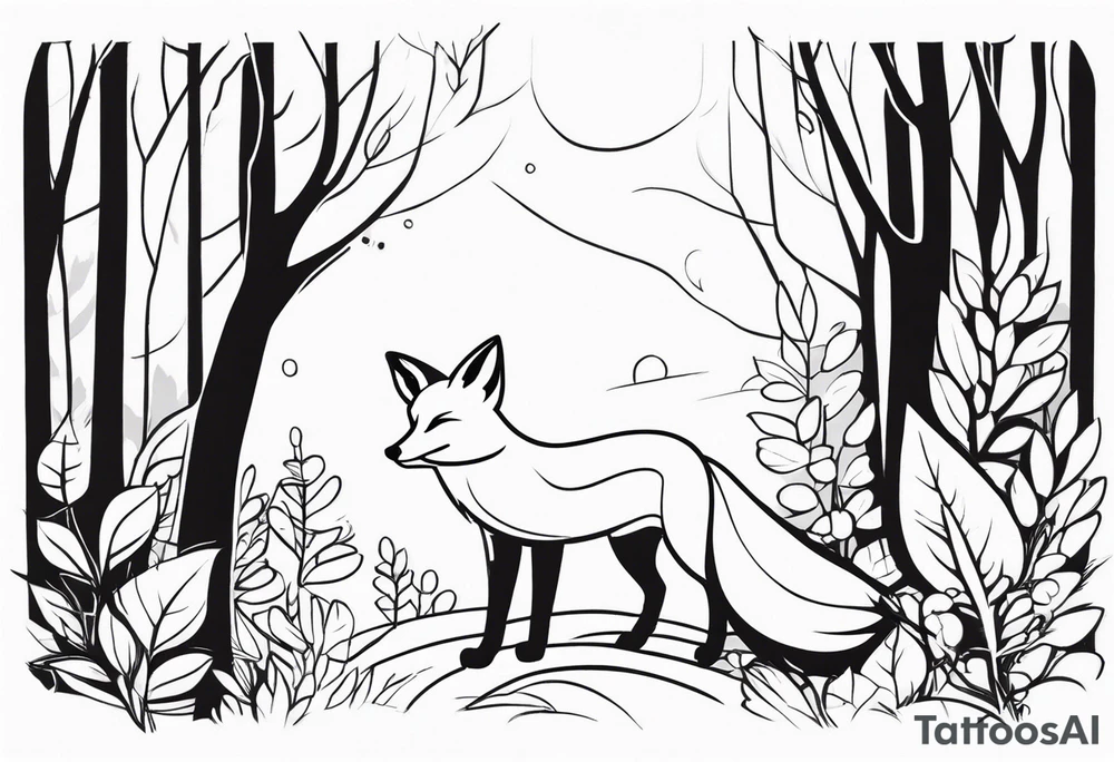 A playful fox with a bushy tail, set in a lush forest, illustrating cleverness and adaptability.” tattoo idea