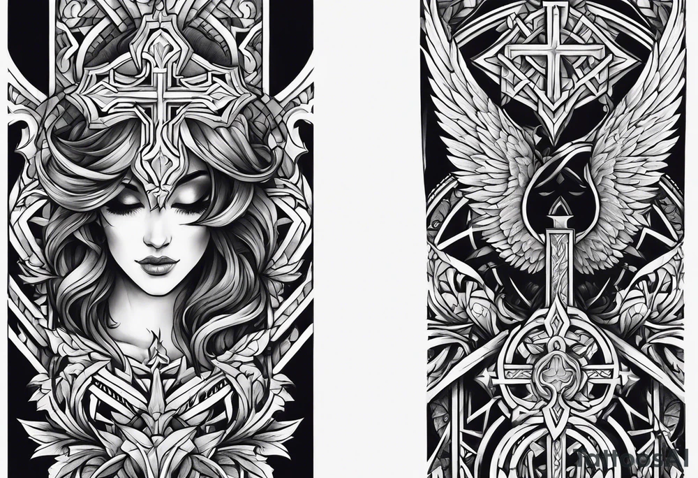 a cross on my forearm, half demon half angel tattoo idea