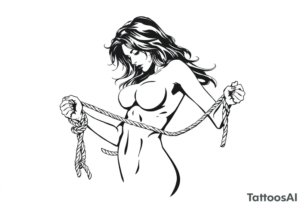 A silhouette stencil style drawing of a sexy woman bound with ropes tattoo idea