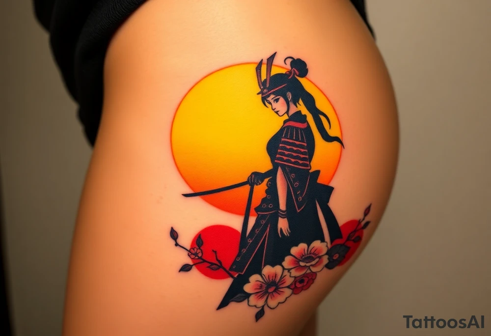 noble female samurai warrior silhouette at sunset with flowers, yellows and reds tattoo idea