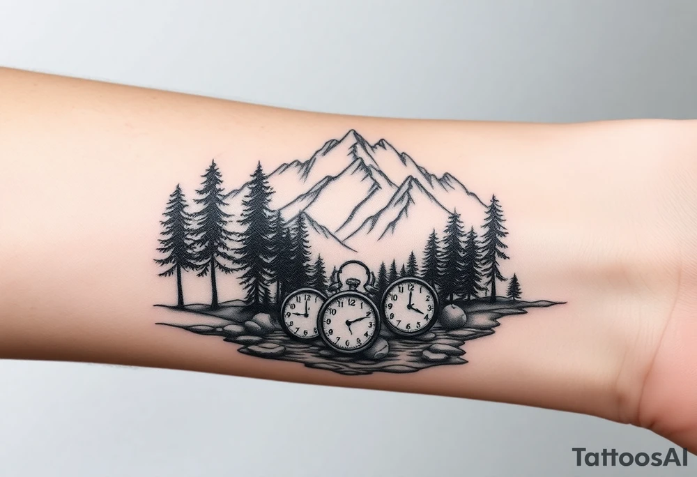 Forest landscape with mountains and a river, with three clocks in the river with dates tattoo idea
