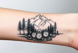 Forest landscape with mountains and a river, with three clocks in the river with dates tattoo idea