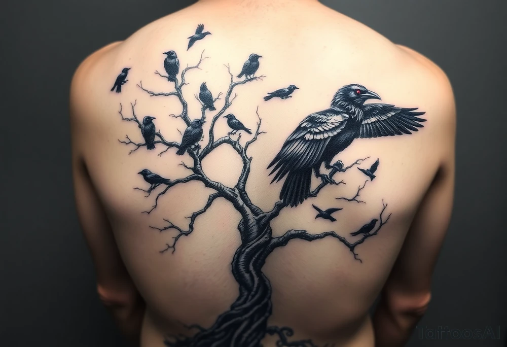 Gothic full-back tattoo starting at lower spine: a twisted, aged tree growing to mid-back. Ravens perched within branches and flying upward. Birds start smaller in the tree and gradually increase slightly in size as they move away. Some ravens wrap organically around the right shoulder and upper arm. A main focal raven sits on the right shoulder, slightly larger, highly detailed, wings in motion, with one glowing red eye (only color). Style is black and grey realism with gothic tone, elegant flow, and body-contouring composition. tattoo idea