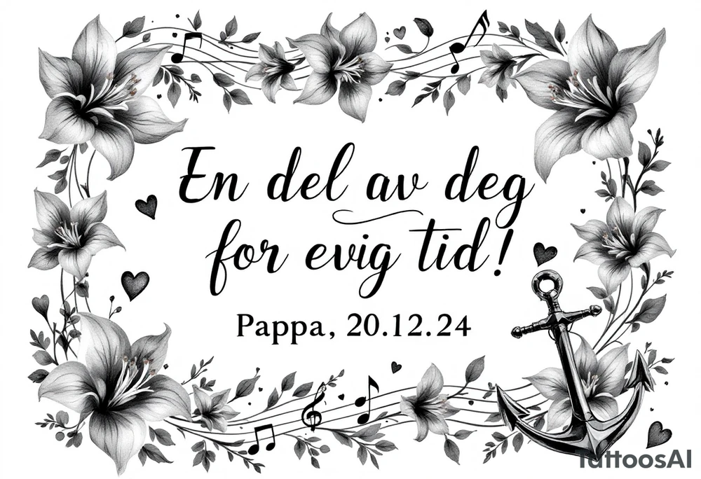 Quote in two rows; En del av deg for evig tid! Pappa, 20.12.24. Surround the quote with gladioluses, hearts, music notes and an anchor tattoo idea