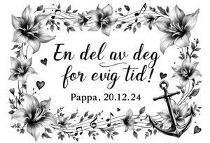 Quote in two rows; En del av deg for evig tid! Pappa, 20.12.24. Surround the quote with gladioluses, hearts, music notes and an anchor tattoo idea