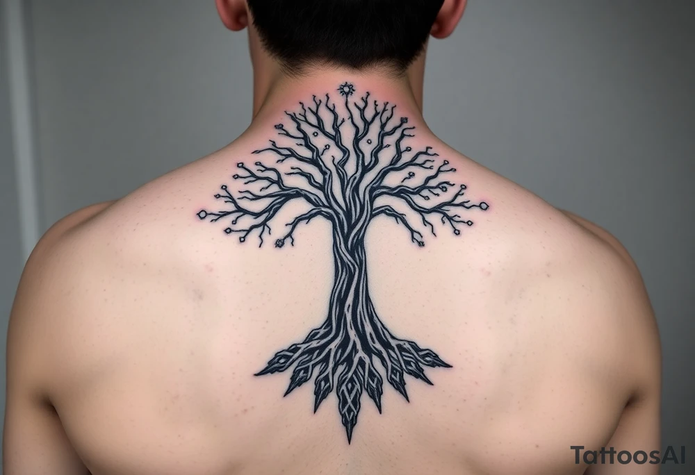 mystical tree of life with cosmic roots and celestial branches tattoo idea