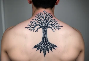 mystical tree of life with cosmic roots and celestial branches tattoo idea