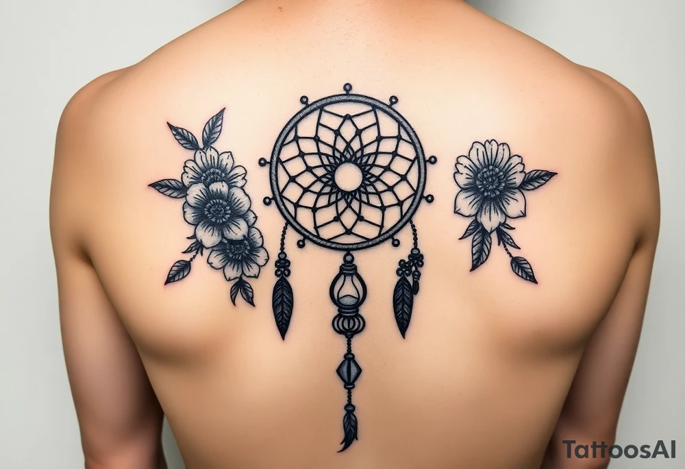 Boho dream catcher with gothic compass and hourglass. Beautiful flowers and an ornamental chandelier like look tattoo idea