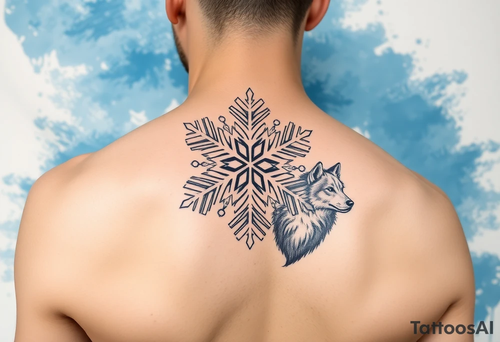 A white snowflake on Blue watercolor backround with two wolfs tattoo idea