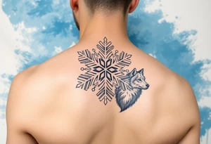 A white snowflake on Blue watercolor backround with two wolfs tattoo idea