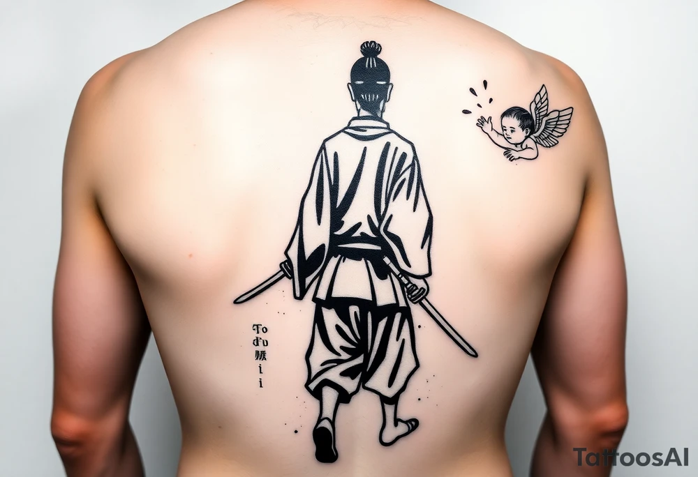 Blackwork tattoo illustration of a samurai walking forward, seen from behind. The samurai wears a traditional kimono and hakama, holding two long katanas in a relaxed but ready pose. To his right, a small child angel with detailed feathered wings floats in the air, gently reaching toward him with an outstretched hand. Strong contrast, dynamic ink splatters, sumi-e brush stroke effects, minimalist white background, dramatic lighting, emotional and symbolic composition, high-detail linework tattoo idea