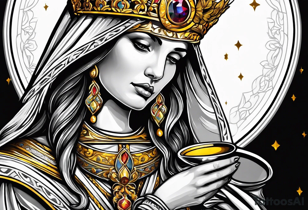holy saint woman with golden halo holding a chalice tattoo idea