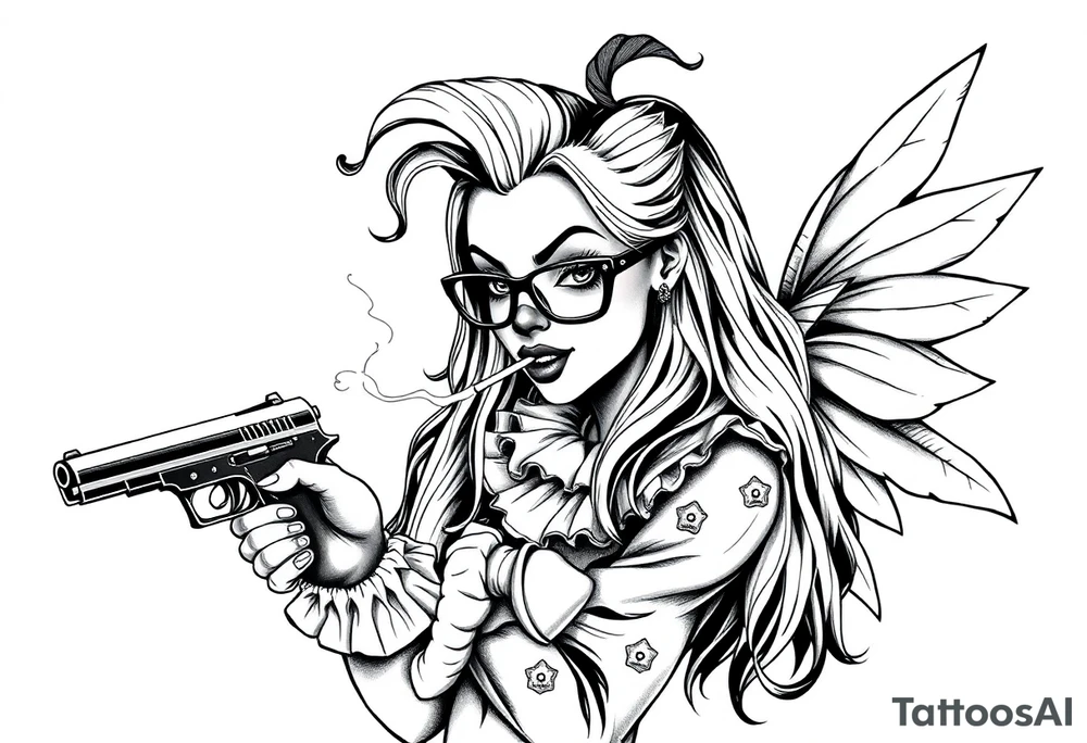 beautiful long hair Clown Girl thug eyeglasses  fairy wings smoking a cigarette holding a gun tattoo idea