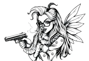 beautiful long hair Clown Girl thug eyeglasses  fairy wings smoking a cigarette holding a gun tattoo idea
