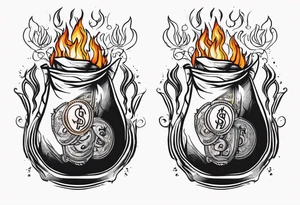 money bags on fire tattoo idea