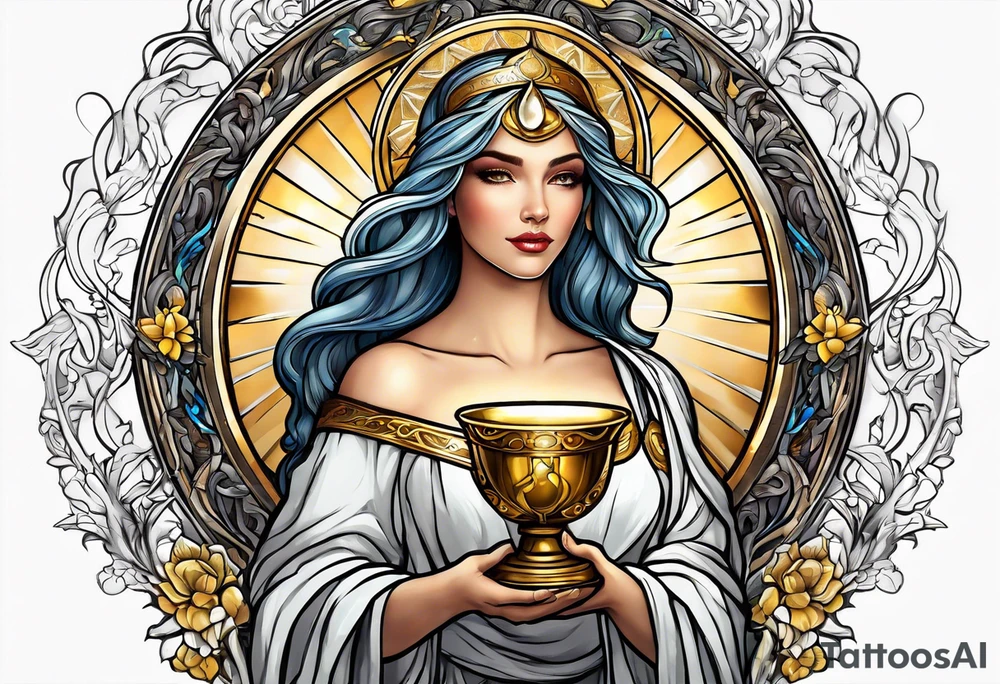 woman saint holding chalice surrounded by golden halo tattoo idea