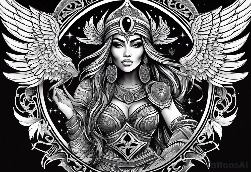 black kali, goddess pirate, alien, pachamama, valkrye, warrior, skull, lotus azul, wing, eagle, zenza resonance, stars, 5D tattoo idea