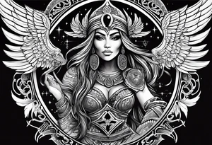 black kali, goddess pirate, alien, pachamama, valkrye, warrior, skull, lotus azul, wing, eagle, zenza resonance, stars, 5D tattoo idea