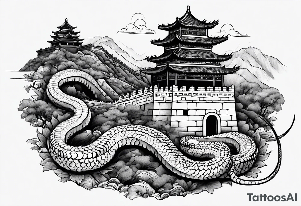 Rat behind Tiger and Snake on the great Wall of China with Temple tattoo idea