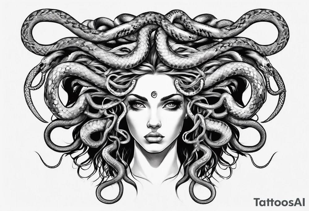 Medusa front profile with snakes for hair and white eyes tattoo idea