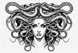 Medusa front profile with snakes for hair and white eyes tattoo idea