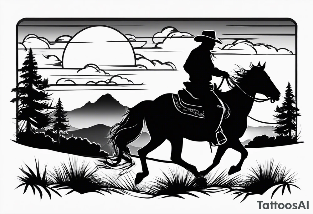Cowboy on a horse riding in to the sunset silhouette tattoo idea