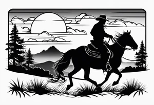 Cowboy on a horse riding in to the sunset silhouette tattoo idea