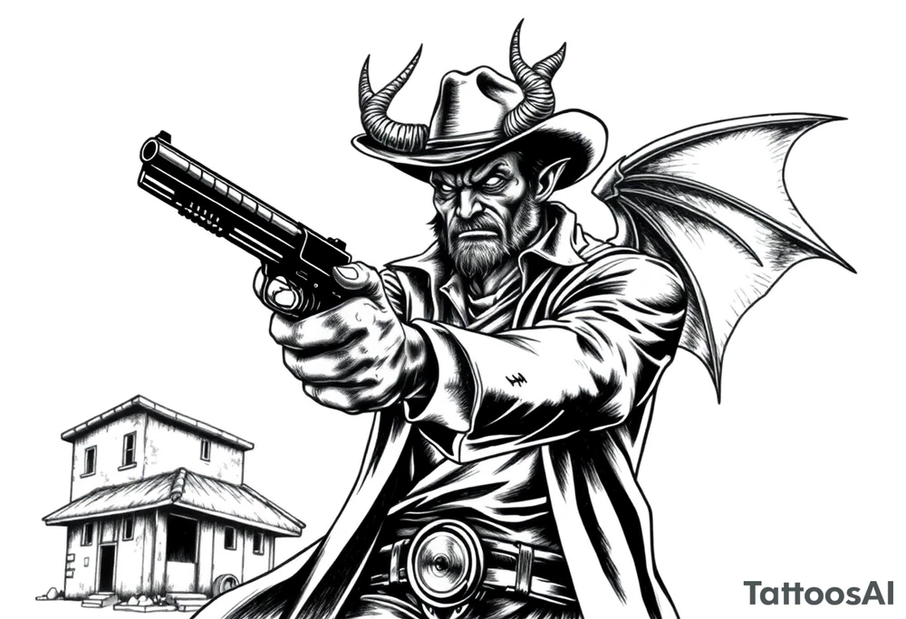 a demon in cowboy,a gun in a hand,old buildings in the background. tattoo idea