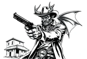 a demon in cowboy,a gun in a hand,old buildings in the background. tattoo idea