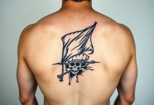 Full sleeve with pirate flag, sun rise, tattoo idea
