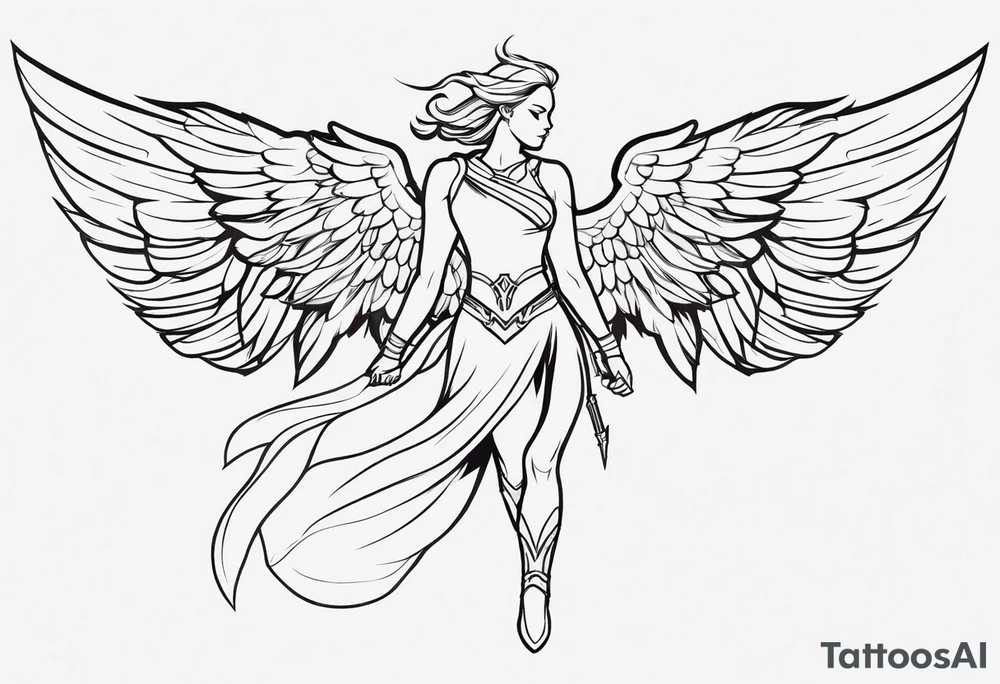 The full body of a Valkyrie with wings flying tattoo idea