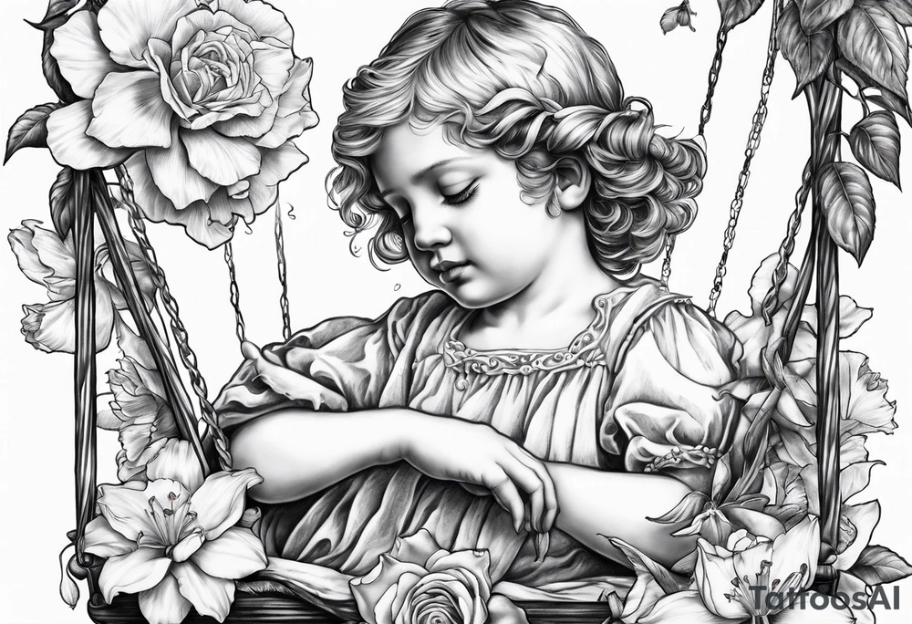crying broken angel on swing add rose, lily daffodil, daisy, carnation narcissus around add hummingbird tattoo idea