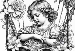crying broken angel on swing add rose, lily daffodil, daisy, carnation narcissus around add hummingbird tattoo idea