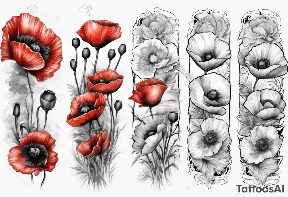 Sleeve with 14 poppies, one black and white. military themed tattoo idea