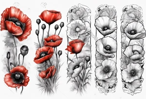 Sleeve with 14 poppies, one black and white. military themed tattoo idea