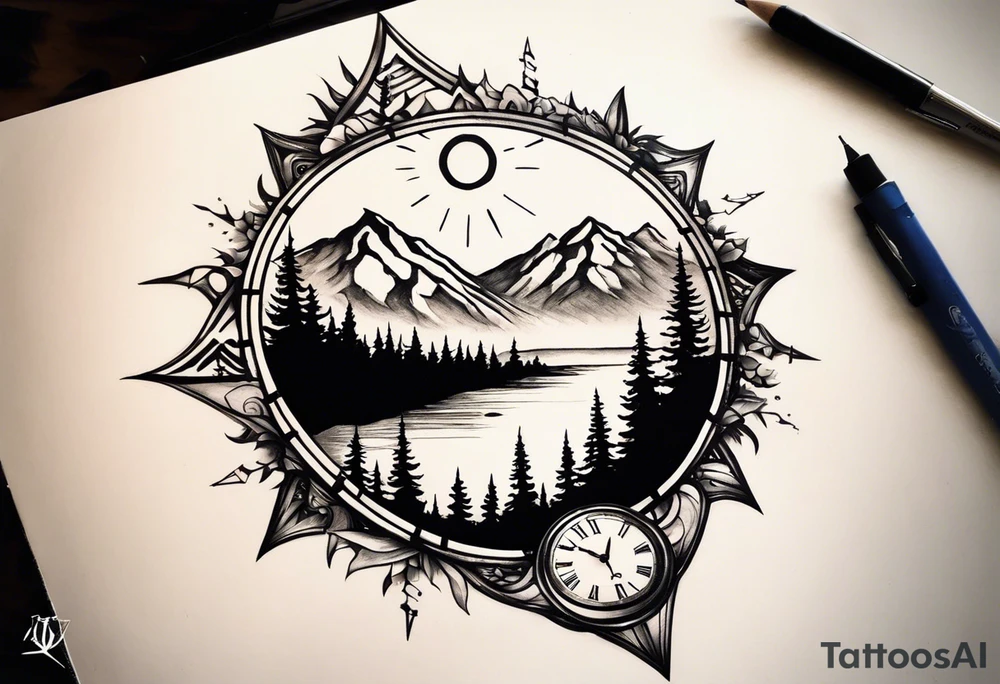 Half sleeve. View from the base of the mountains looking up to the sun. The sun is a clock that reads 12:01 to signify a new day. I want a clock tower in the middle of the mountains with the times my two sons were born. This tattoo represents overcoming massive obstacles and becoming a better person. tattoo idea