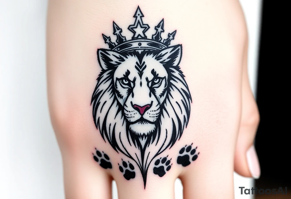 powerful goregous
 lioness with a crown, surrounded by cub prints tattoo idea
