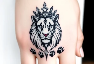 powerful goregous
 lioness with a crown, surrounded by cub prints tattoo idea