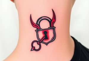 A black and red demonic lock with lockhole and with glowing eyes, with a spiked key floating near it tattoo idea