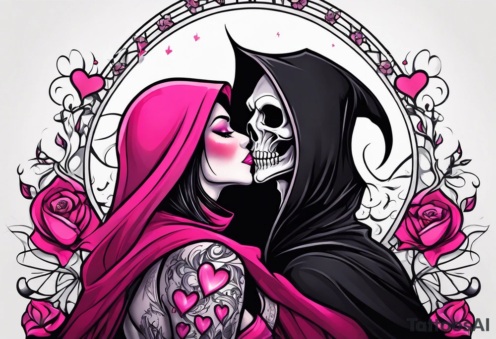 new school tattoo of a male grim reaper with black cloak kissing a female grim reaper in a bright pink cloak with small hearts in pink and red surrounding them tattoo idea