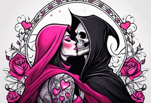 new school tattoo of a male grim reaper with black cloak kissing a female grim reaper in a bright pink cloak with small hearts in pink and red surrounding them tattoo idea