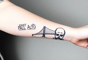 “East Palo Alto” city sign and “Newark” city sign on opposite sides of a bridge going across water in California with skulls and money and  scarface tattoo idea