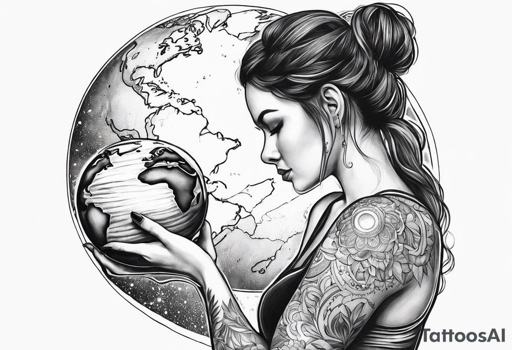 A woman holding a planet tattoo idea