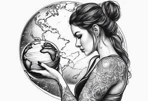 A woman holding a planet tattoo idea