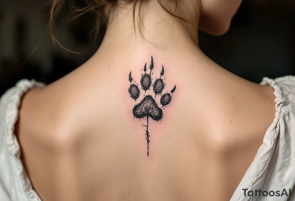 Vintage Etching Style – Paw prints in fine-line, sketch-style black ink, resembling old anatomical drawings or nature illustrations. tattoo idea