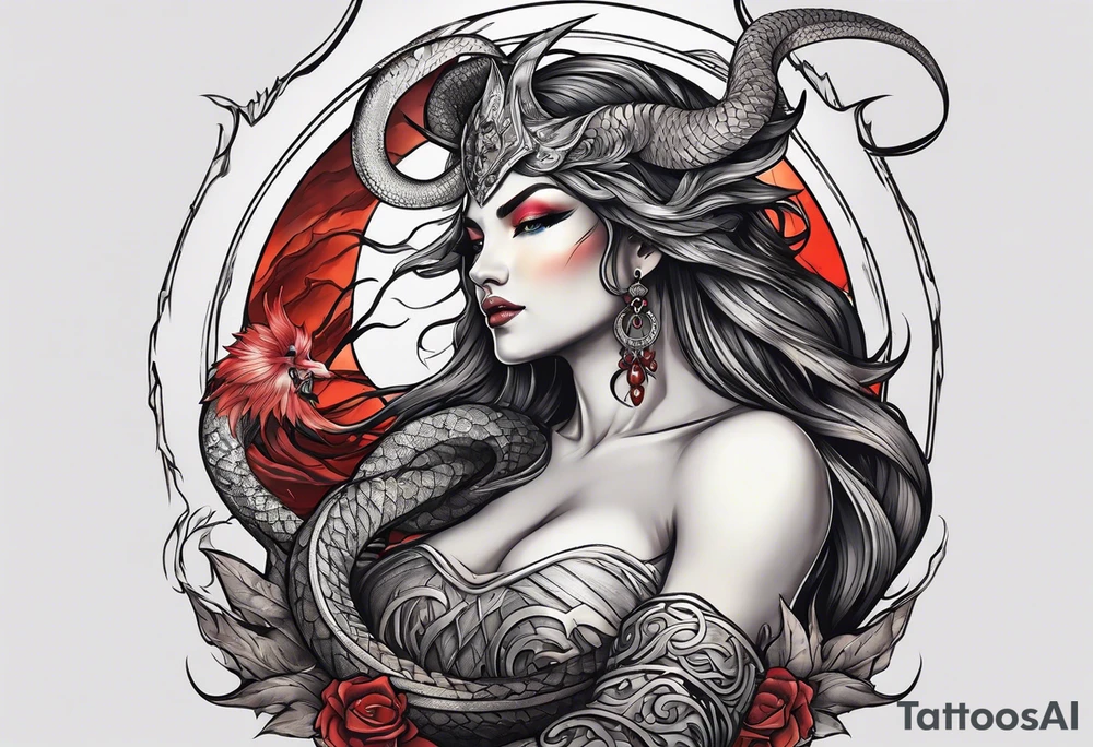 a profile of the demon goddess lilith holding a serpent tattoo idea